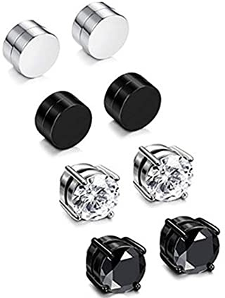 Vogem 4 Pairs Magnetic Earrings for Men Women Black White Stainless Steel Round Cubic Zirconia Magnet Earrings Set Non-Piercing 8mm