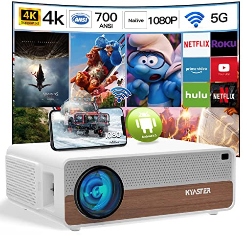 KYASTER Proiettore nativo 1080p, 700 ANSI lumen 4K supporta videoproiettore 4P/4D Keystone, correzione 4P/4D, sistema operativo Android 9.0 con App Store, schermo wireless 5G