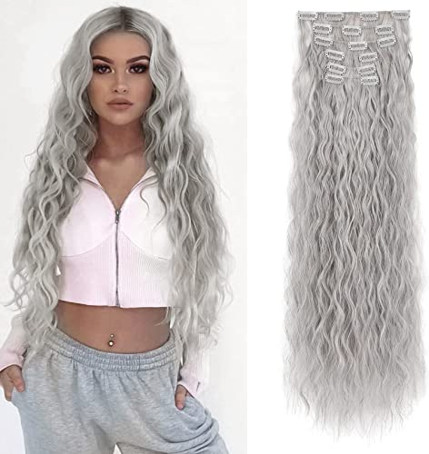 FLUFYMOOZ Clip in Extensions, 60cm 6PCS Lange gewellt Wellige Clip in Haarverlängerungen Dickes Natürliches Weiches Synthetisches Haarteil Für Frauen Mädchen Grau/Silber/Weiß gemischt