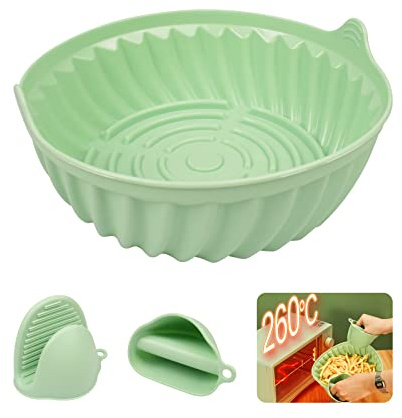 WAONIQ Silikonform Heißluftfritteuse 19cm, Air Fryer Silicone Pot Wiederverwendbar Heißluftfritteuse Silikon Topf mit Zwei Ofenhandschuhen, Silikon Backform für Fryer Ofen Mikrowelle Ofenzubehör