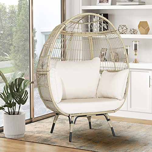 GIANTEX Rattan Loungesessel Outdoor, Papasansessel Korbsessel in Eiform, Gartenliege mit Kissen, Rattansofa Rattan Sessel Metallrahmen bis 205 kg belastbar, Korbstuhl Rattanstuhl Gartensessel