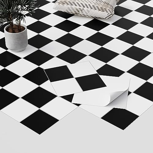 Homease Piastrelle autoadesive per pavimenti in vinile, antiscivolo, impermeabili, tagliabili, effetto piastrelle, per cucina, soggiorno, balcone, scacchiera nera opaca, 50 piastrelle, 4,5 m²