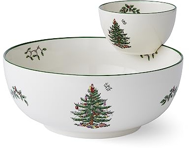 Spode Weihnachtsbaum-gestuftes Chip- und Dip-Servierset – festliches 2-teiliges Set für den Urlaub und zum Servieren von Snacks – kultiges Weihnachtsbaummotiv – Porzellan –