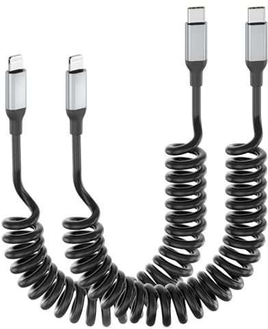 USB C auf Lightning Spiralkabel, 2 Pack Carplay Kabel iPhone Ladekabel Kurz | MFi Certified 2.4A USB C auf Lightning Kabel für iPhone 14 13 12 11 Pro Max X XS XR 8 7 6 Plus SE - Schwarz