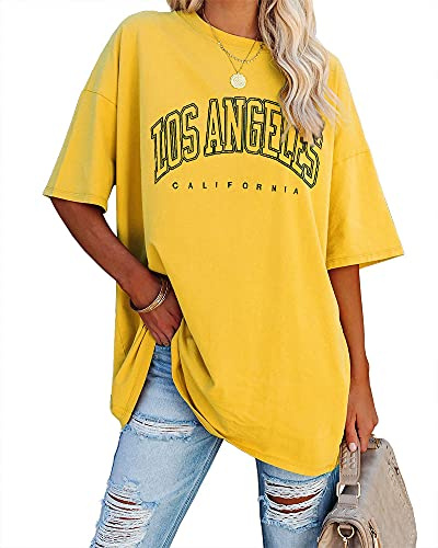 Ebifin Dam oversize t-shirt vintage kortärmad rund hals toppar casual lös basic sommar t-shirts skjortor blus., GUL, S