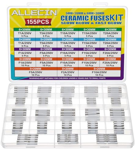 ALLECIN 21 Valeurs Fusibles Ceramique 5x20MM 6x30MM 250V Fusible à Fusion Rapide F 1A 2A 5A 10A 15A 20A Fusibles à Action Lente Temporisé T 1 5 10 15 20 Ampère 250Volt Fusible Céramique Ceramic Fuses