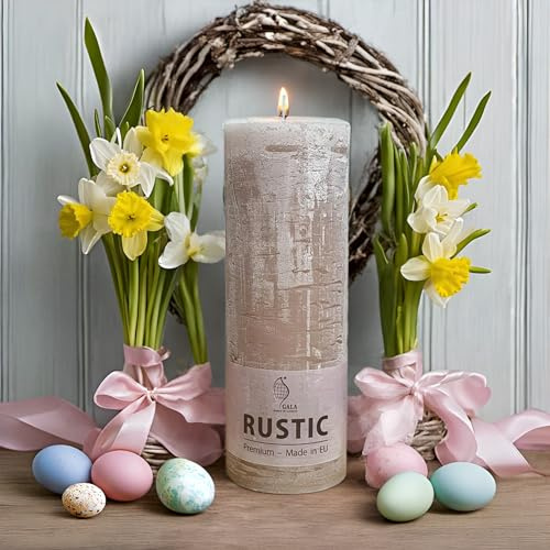 1 Gala Rustik Stumpenkerze - Taupe - 1 Stück - 19 x 6,8 cm - Dekorative Haushaltskerzen - Lange Brenndauer - Unparfümiert - Natürliches Pflanzenwachs - Ohne Palmöl - Advent - Weihnachten - Kerzen