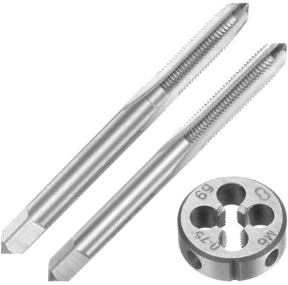 QUARKZMAN Juego de 3 Piezas de Machos y Terrajas Métricas, M6 x 0.75, Machos Cónicos/Intermedios y Terraja Redonda, Kit de Herramientas de Roscado Manual para Reparación de Roscas
