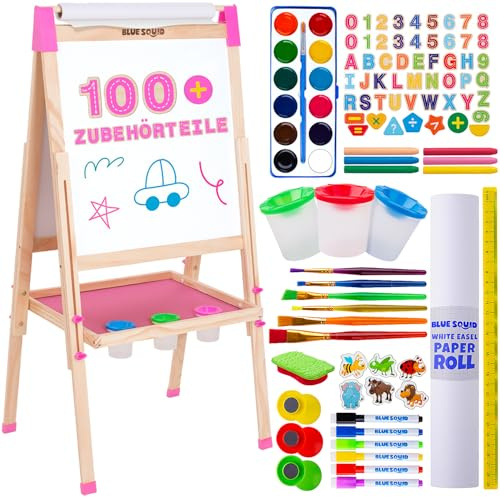 Blue Squid Art-Staffelei für Kinder, inkl. über 100 Zubehörteilen – doppelseitige, verstellbare Malstaffelei aus Holz mit magnetischer Kreidetafel, Whiteboard und Papierrolle (Pink, Deluxe)