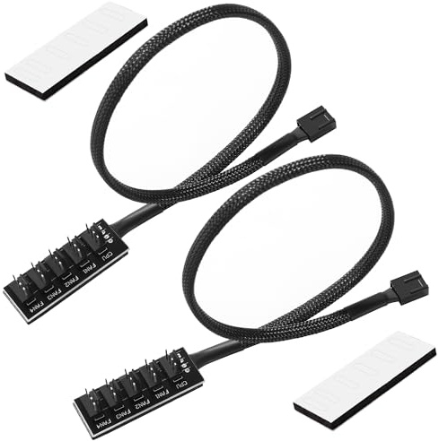 KUOQI 2 Stück 1-5 Lüftersplitter Adapter, Fan Hub für CPU-Kühlung, 5-Weg-Geflochten-Lüfter-Netzkabel, PWM-Lüfter-Kabel, 4-Pin-PWM-Fan-Hub