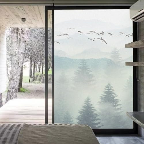 Nebeliger Wald Sichtschutzfolie für Fenster, Buntglas-Fensterabdeckungen, Statisch Haftende Fensterfolie für Zuhause, Büro, Geschäfte, 50x70cm