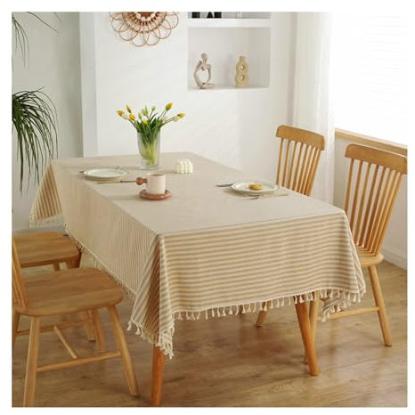 BCughia Tischdecke 120x160 Beige, Tischtuch Wasserabweisend Rechteckig Polyester Streifen mit Quasten Tischtuch für Indoor, Outdoor, Essen, Küche