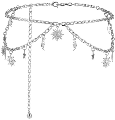 GEEHUA Cinturón de cadena de metal de doble capa, estrella de luna y eslabones de moda para vestido delgado para mujer