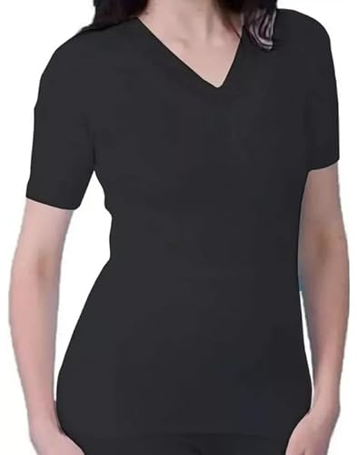 iTRONiK New Ladies Thermal Underwear-Vest, Short Sleeve, Long Sleeved, Vest, Shoulder top, Long John, Panties - Black - Made in The UK (V Neck Short Sleeve Lace, XL)