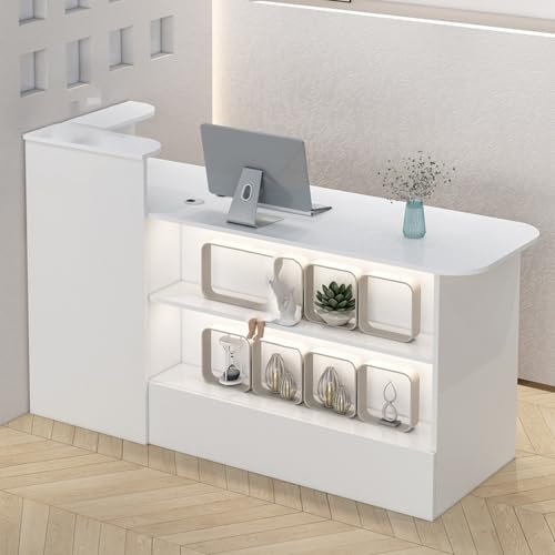 Weißer Empfangstheke mit offenen Regalen für Einzelhandel, Lobbys, Salons und Heimbüros, moderner Rezeptionstheke für Kassen- und Empfangsräume, 120 x 50 x 100 cm, weißer Schreibtisch
