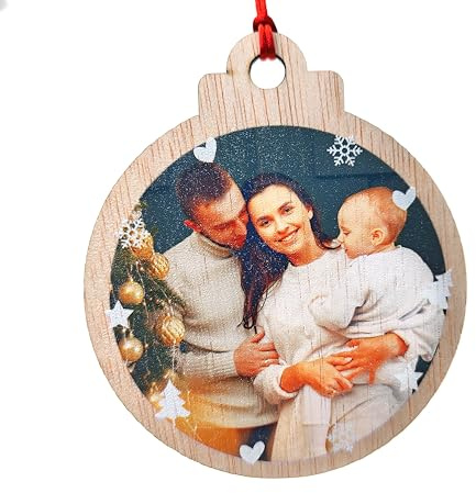 Weihnachtskugel aus Holz, personalisiert mit Ihrem Foto – eine exklusive und sentimentale Dekoration zur Dekoration des Weihnachtsbaums (Modell 3)