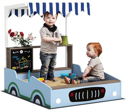 Qaba Kids Wooden Sandbox with Canopy, Grocery Store Outdoor Sand Box with Bench Seats, Bottom Liner, Drawing Board, Planting Boxes, Sand Pit for Backyard, Garden, Gift for Ages 3-7, Blue