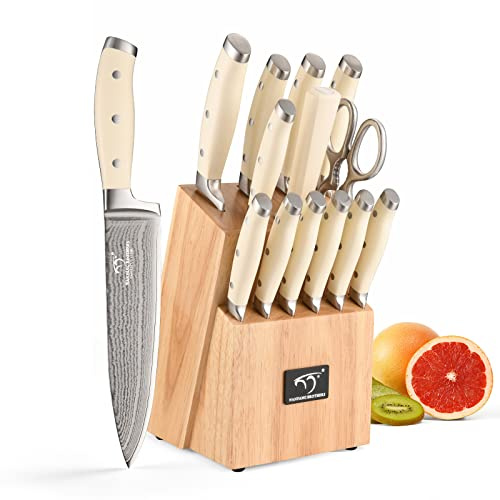 NANFANG BROTHERS Knife Set,Damascus Kitchen Knife Set with Block, Non-Slip Ergonomic Handle for Chef Knife Set, Knife Sharpener and Shears