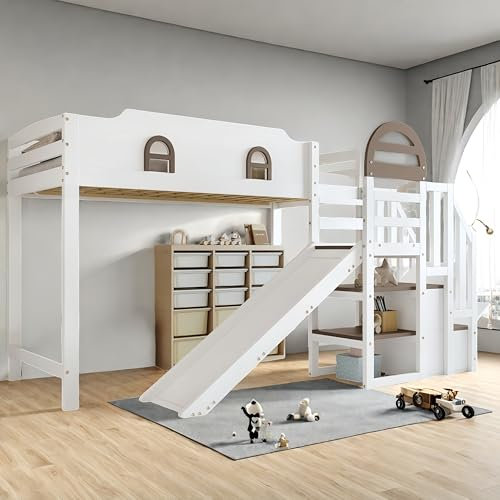 Wyibwy Lit Superposé Enfant 90x200cm avec fenêtre et Toboggan,Lit Mezzanine 1 Place avec Escaliers de Rangement avec Rampes,Sommier à Lattes, Cadre en pin, Grand Espace de Rangement, Blanc+Marron