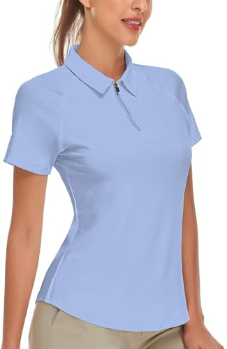 Soneven Polo da donna a maniche corte, polo sportivo con cerniera a 1/4, T-shirt sportiva, ad asciugatura rapida, traspirante, polo per golf, equitazione, tennis, fitness, allenamento, corsa, Azzurro