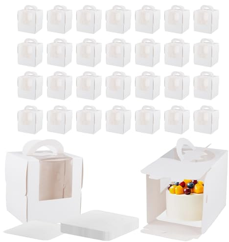 JEUIHAU 60 Pcs Cake Boxes with Handle, 30 Sets White Bakery Boxes with Window and 30 Sets Cake Boards for Wedding Birthday Party Dessert Display