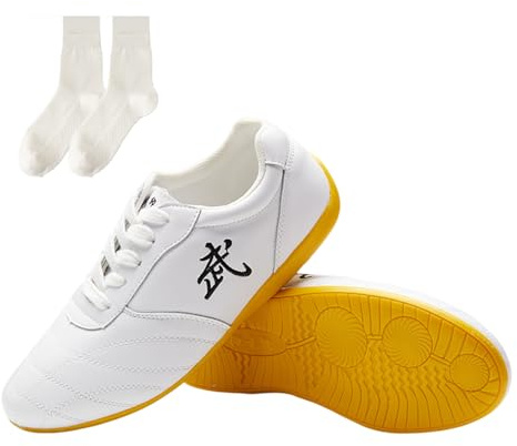 Buhelyc Men Women Soft Leather Tai Chi Shoes Kung fu Walking Shoes Kong Fu Sport Training Shoes for Taekwondo Gym (Size:8.5,Color:White)