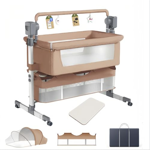 Dziranam Beistellbett Baby, Stubenwagen Baby mit Rollen, Atmungsaktives Netzgewebe, Sicheres und Stabiles Design, Babybett mit 5 Schaukelmodi(BRAUN)