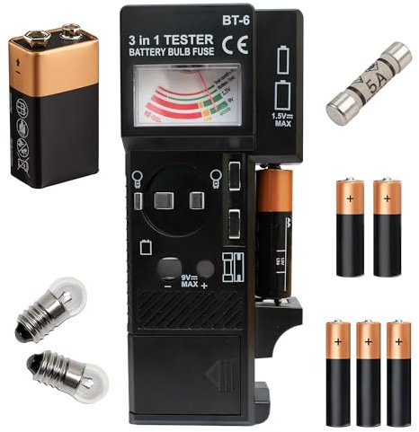 3 in 1 Battery Bulb & Fuse Tester - Lightbulbs, Multi-Use Testing Tool, AAA, AA, 9V, Colour Coded, Easy to Use, Compact, Portable, Analogue Scale Meter