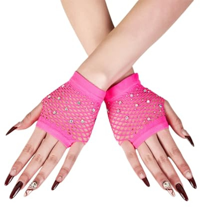 Rhinestones Fishnet Gloves, 1 Pair Mesh Fingerless Fish Net Sparkly Glitter Gloves, Stretchy Short Neon Mitten for 80s Party Cosplay, Arm Sleeves Bridal Glove for Wedding Halloween Nightclub Fancy