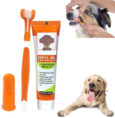 Hunde Zahnpflege Set, Hundezahnpasta Gegen Zahnstein Set,Zahnbürste für Hunde und Katzen,Hundezahnpasta Gegen Zahnstein,Hundezahnbürste und Fingerzahnbürste,Entfernt Plaque und Mundgeruch.