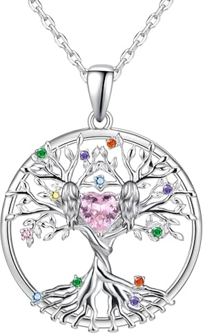 Tiehuoxia Collar Árbol de la Vida en Plata de Ley 925 con Piedra de Nacimiento Rosa de Octubre - Colgante Corazón Abrazo, Joyería de Cumpleaños Navidad Regalo para Mujeres