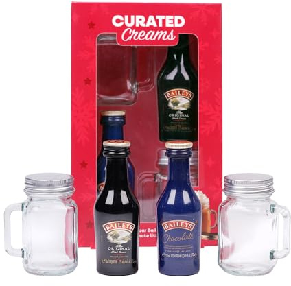 Baileys 5cl Duo Tasting Set. Including Bailey's Original (17% ABV), Chocolate Irish Cream (15.7% ABV) with Two Mini Mason Jar Shot Glasses. Gift Set by Blue Tree