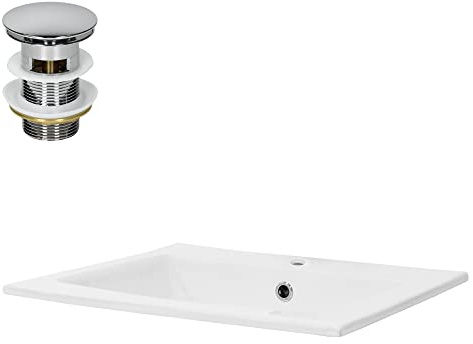 LuxeBath Waschbecken Keramik Weiß 525x450x210 mm eckig mit Ablaufgarnitur Silber, Einbauwaschbecken mit Hahnloch/Überlauf, Aufsatzwaschbecken Einbauwaschtisch Waschschale Waschplatz Handwaschbecken