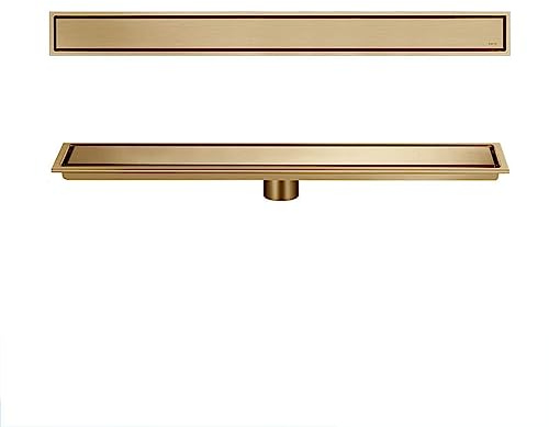 Desagüe de ducha lineal dorado con colador de pelo, cubierta extraíble, rectangular, para baño, cocina, garaje y sótano (10 x 40 cm), escurridor de suelo invisible