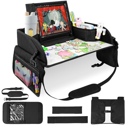 Adiwo Reisetisch Auto Kinder, Kinder Reisetisch Kindersitz Spiel, Knietablett mit Zeichenbrett, Auto Reise Spielzeug, Spieltisch Knietablett Faltbarer Organizer, Geschenk für zu Hause Reise, Schwarz