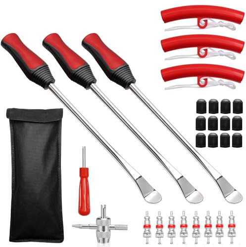 OulQinyhome 28 Pezzi Leva a Cucchiaio in Acciaio Kit - Leva di Montaggio per Pneumatici con 3 Protezioni per Cerchi - Smontagomme per Moto, Bici, Auto e Scooter