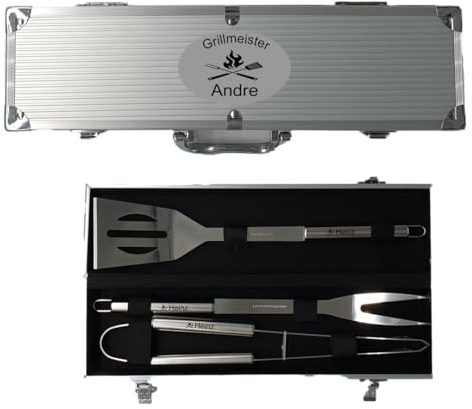 Personalisierte Grillbesteck-Set | Grillbesteckkoffer mit Namen und Spruch | 3-teiliges Grillbesteckset mit Gravur (Grillmeister)