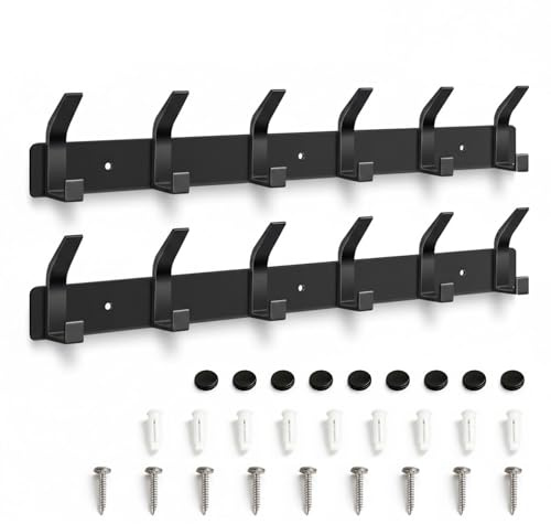 Appendiabiti da Parete Moderno, 2 Pezzi Attaccapanni da Muro, Appendiabiti da Muro in Alluminio con 6 Ganci e Viti per Camera da Letto, Bagno, Cucina - Per Cappotti, Borse, Cappelli, Sciarpe (Nero)