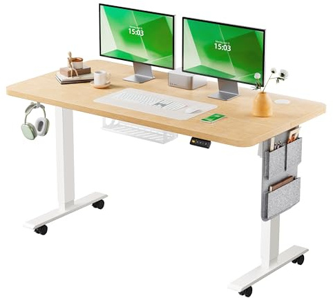 MAIDeSITe Elektrischer höhenverstellbarer Schreibtisch, 120×60 cm Sitz-Steh-Schreibtisch mit Kabelwanne, Haken und Aufbewahrungstaschen, Stehpult mit Speichersteuerung für Homeoffice