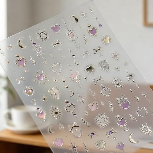 Ruispeed Pinkes Herz Nagelsticker für Nail Art – 5D Gold-Stern Nail Art Stickers mit Schleifen-Design, Valentine’s Day Nagelaufkleber für Frauen & Mädchen