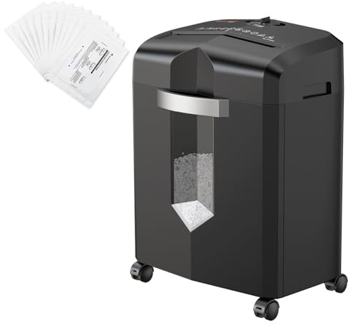 Bonsaii 12-Blatt Partikelschnitt Aktenvernichter + 12 Ölpapierblätter Set, 60 Minuten Dauerbetrieb, Hochleistungs-Schredder für Home Office, Sicherheitsstufe P-4 Mikroschnitt, 4 Rollen & 16L Behälter