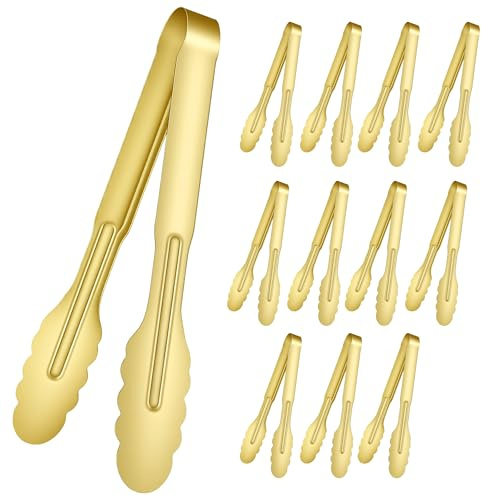 CHIHEUNG 12PCS Stainless Steel Serving Tongs, 9 Inch Salad Tongs, Kitchen Tong for Serving Food, Gold Food Tongs for Salad, Steak, Buffet & Party Appetizers