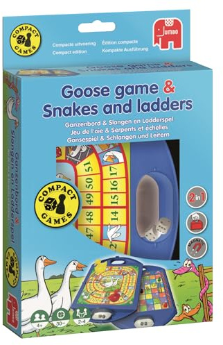 Jumbo Games - Gänsespiel & Schlangen und Leitern – 2-in-1 Kompaktspiel für Erwachsende und Kinder ab 4 Jahren, 2–4 Spieler, ca. 30 Min Spielzeit, Klassiker im handlichen Format