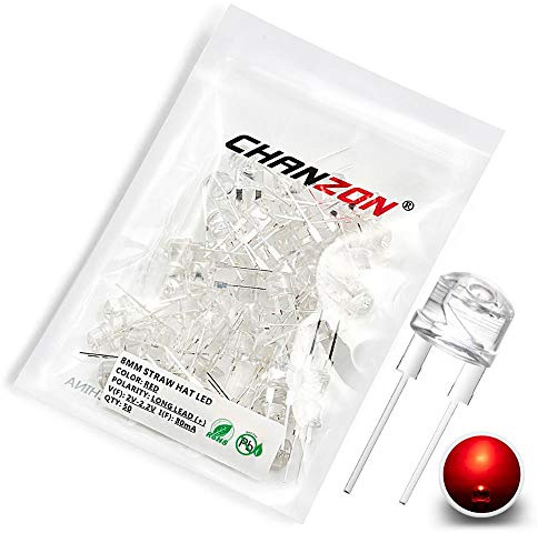 Chanzon 50 pcs 8mm Red LED Diode Lights (Clear Straw Hat Transparent DC 2V 100mA 0.25W) Super Bright Lighting Bulb Lamps Electronics Components Light Emitting Diodes