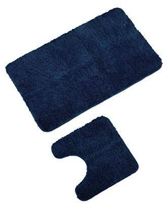 WohnDirect Badematten Set - WC Vorleger (45x45cm), Badematte (60x100cm) - rutschfest waschbar Badezimmerteppich MIT WC-Ausschnitt - Dunkelblau