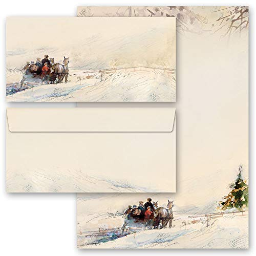 Briefpapier Set, 20 tlg. Jahreszeiten - Winter, KUTSCHE IM WALD Variante A - 10 Blatt Briefpapier + 10 passende Briefumschläge DIN LANG ohne Fenster | Paper-Media