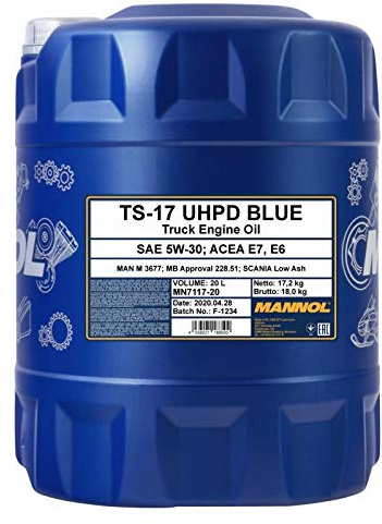 MANNOL Motoröl 5W-30 TS-17 Motor Öl ACEA E6 ACEA E9 API CK-4 UHPD Blue 20L Kompatibel mit MERCEDES-BENZ C-Klasse Limousine W204 E-Klasse Limousine W211 C-Klasse T-modell S204 A-Klasse W169