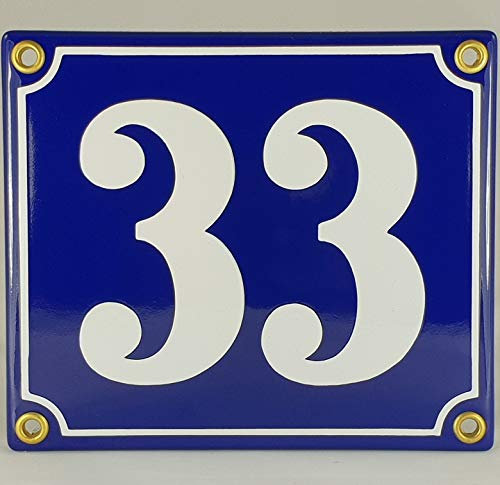 Emaille Schild Hausnummer 33 Blau-Weiß Handarbeit