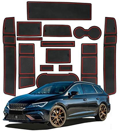 SHAOHAO für Seat Leon Cupra Leon 5F MK3 FR ST 5D 2017 2018 2019 2020 Gummimatten, Mittelkonsole Antirutschmatten, Getränkehaltermatt, Türschlitzmatte Aufbewahrungsbox seat Leon 5f zubehör（Rot）