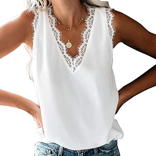 Coloody Femme Debardeur Gilets col V Débardeurs Chemises Tuniques Été Tops et Chemisiers sans Manches en Dentelle Débardeur(Blanc) L